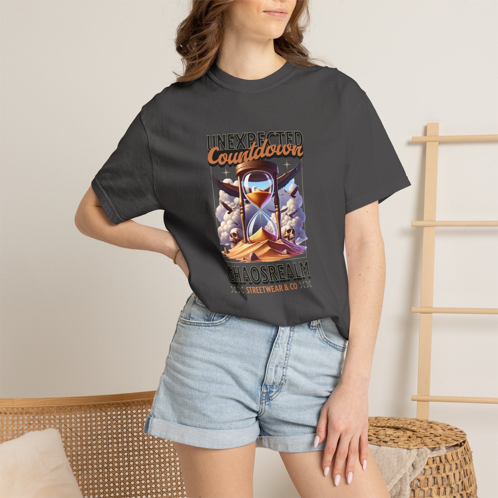 Unexpected Countdown Chaosrealm T-Shirt — Hourglass Sunset Graphic Tee - Image 25