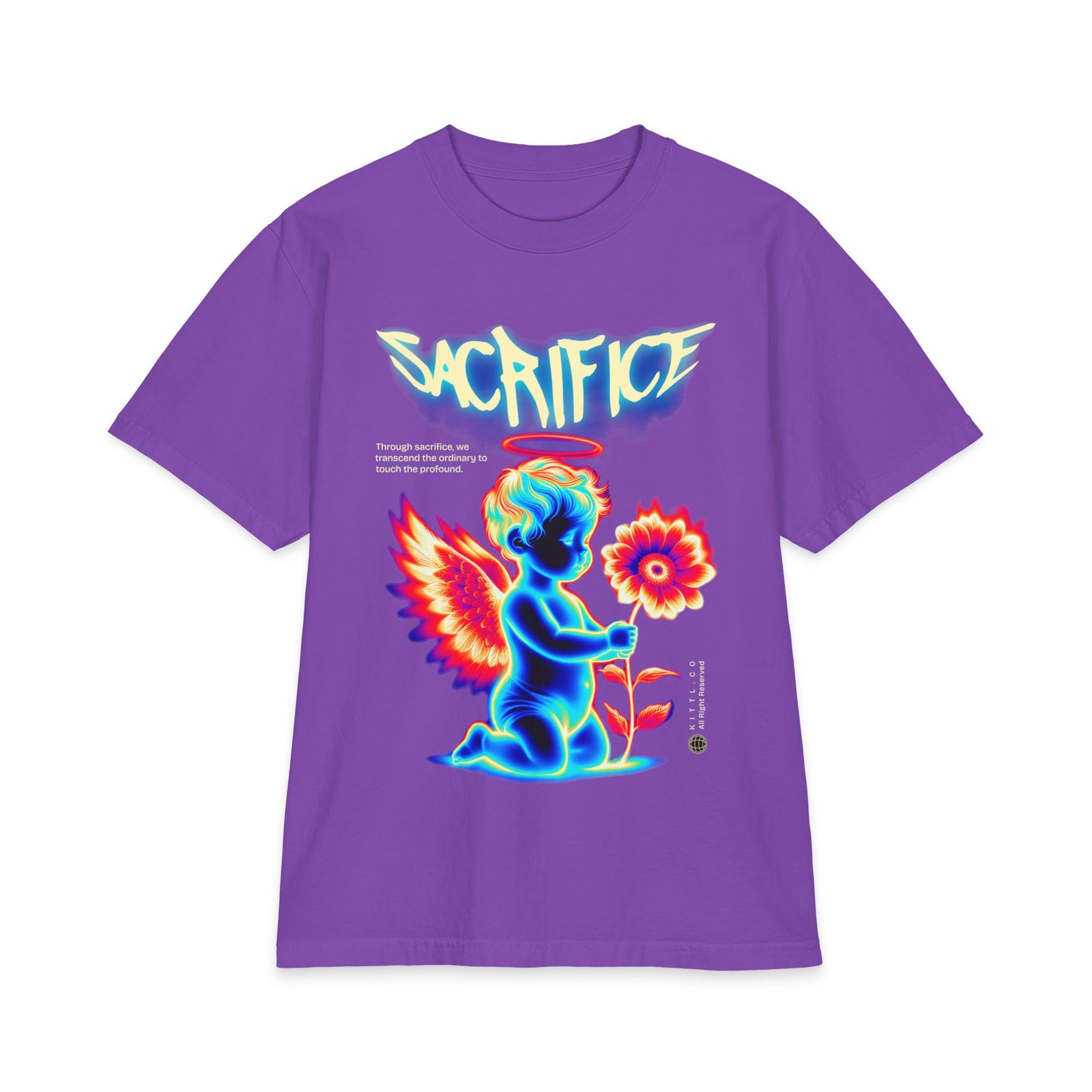Sacrifice Neon Angel Graphic T-Shirt — Vintage Glow Cherub Flower Tee - Image 7