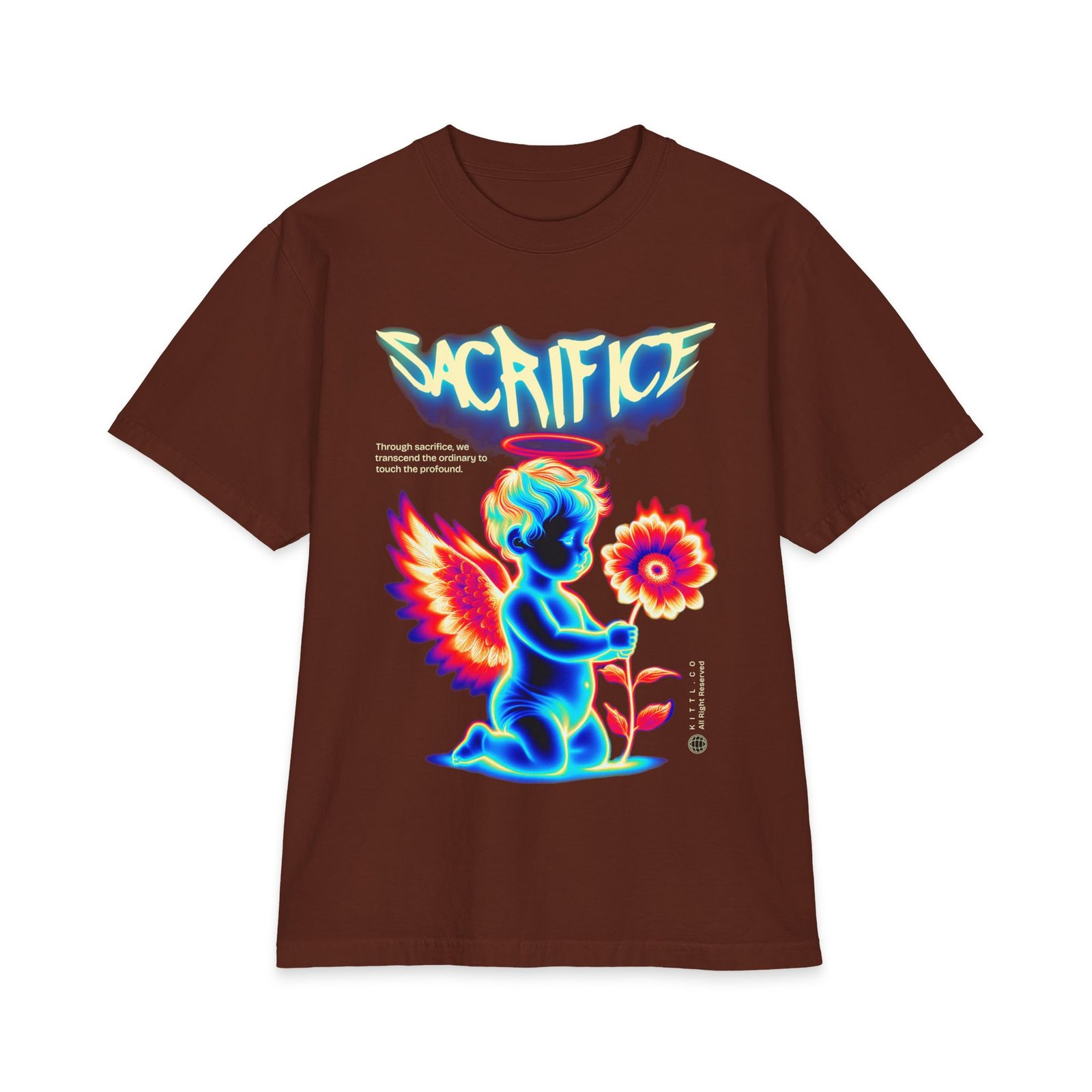 Sacrifice Neon Angel Graphic T-Shirt — Vintage Glow Cherub Flower Tee - Image 3