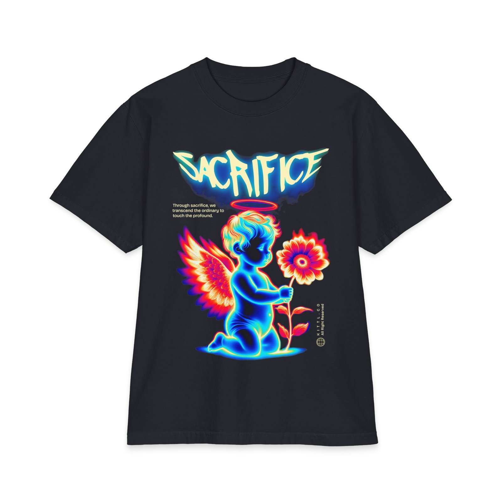 Sacrifice Neon Angel Graphic T-Shirt — Vintage Glow Cherub Flower Tee - Image 6