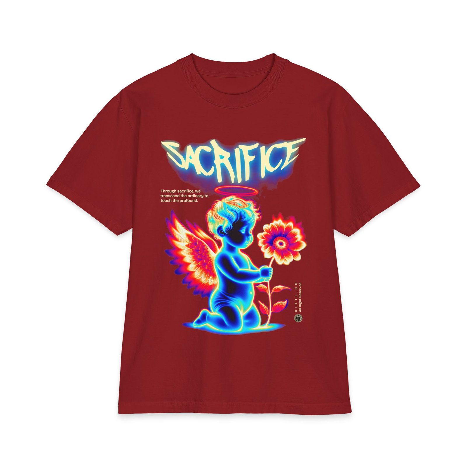 Sacrifice Neon Angel Graphic T-Shirt — Vintage Glow Cherub Flower Tee - Image 10