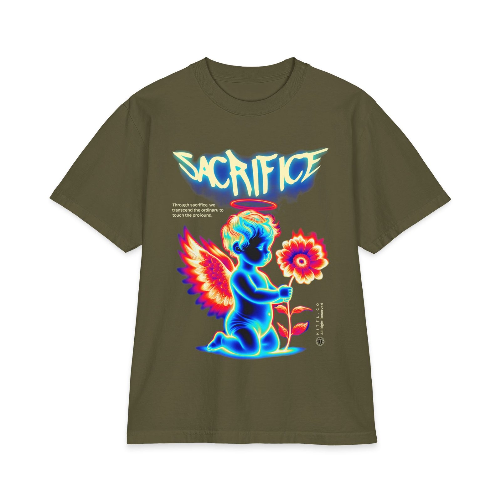 Sacrifice Neon Angel Graphic T-Shirt — Vintage Glow Cherub Flower Tee - Image 4