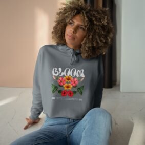 Bloom Floral Crop Hoodie — Retro Flower Graphic Cropped Sweatshirt - Storm, L