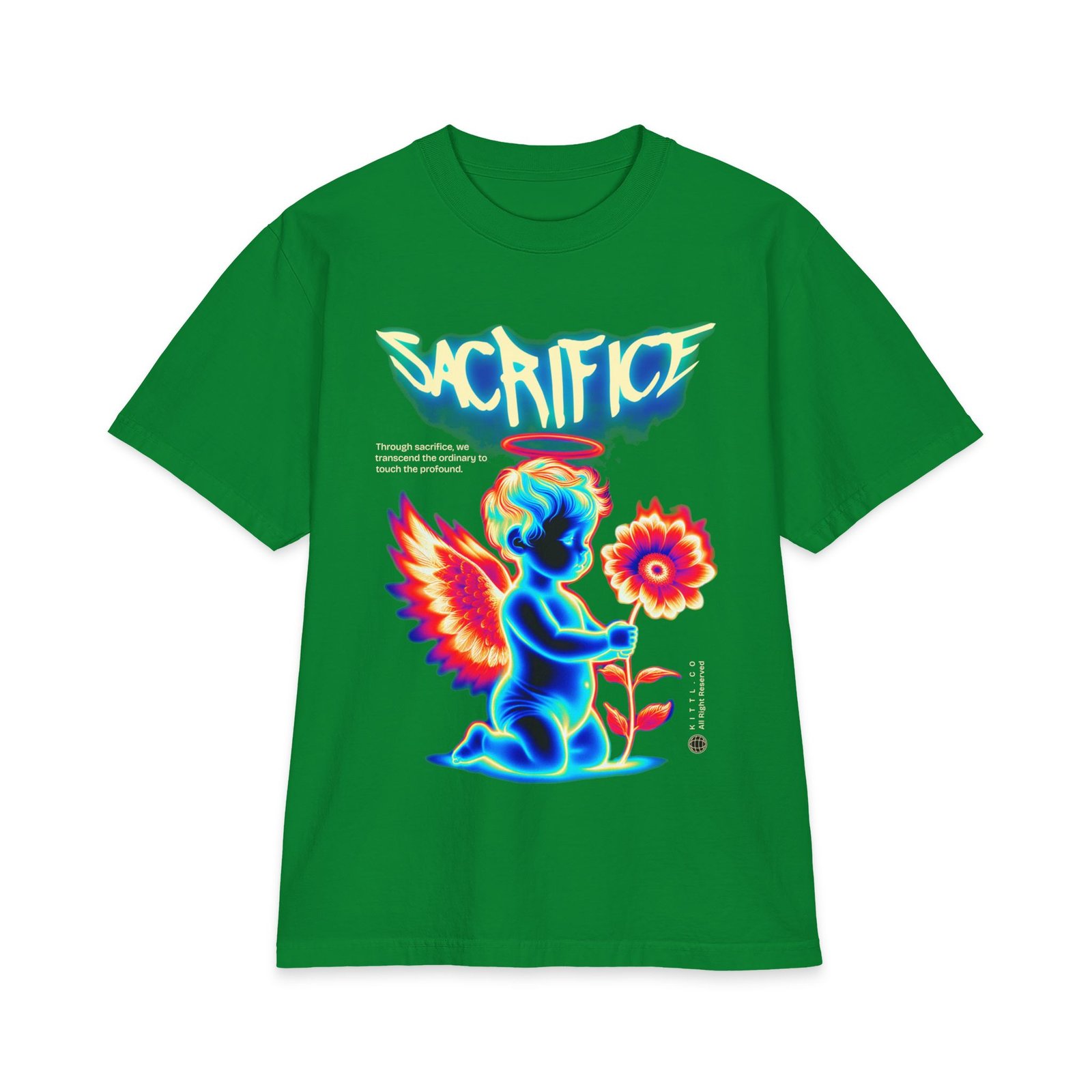 Sacrifice Neon Angel Graphic T-Shirt — Vintage Glow Cherub Flower Tee - Image 5