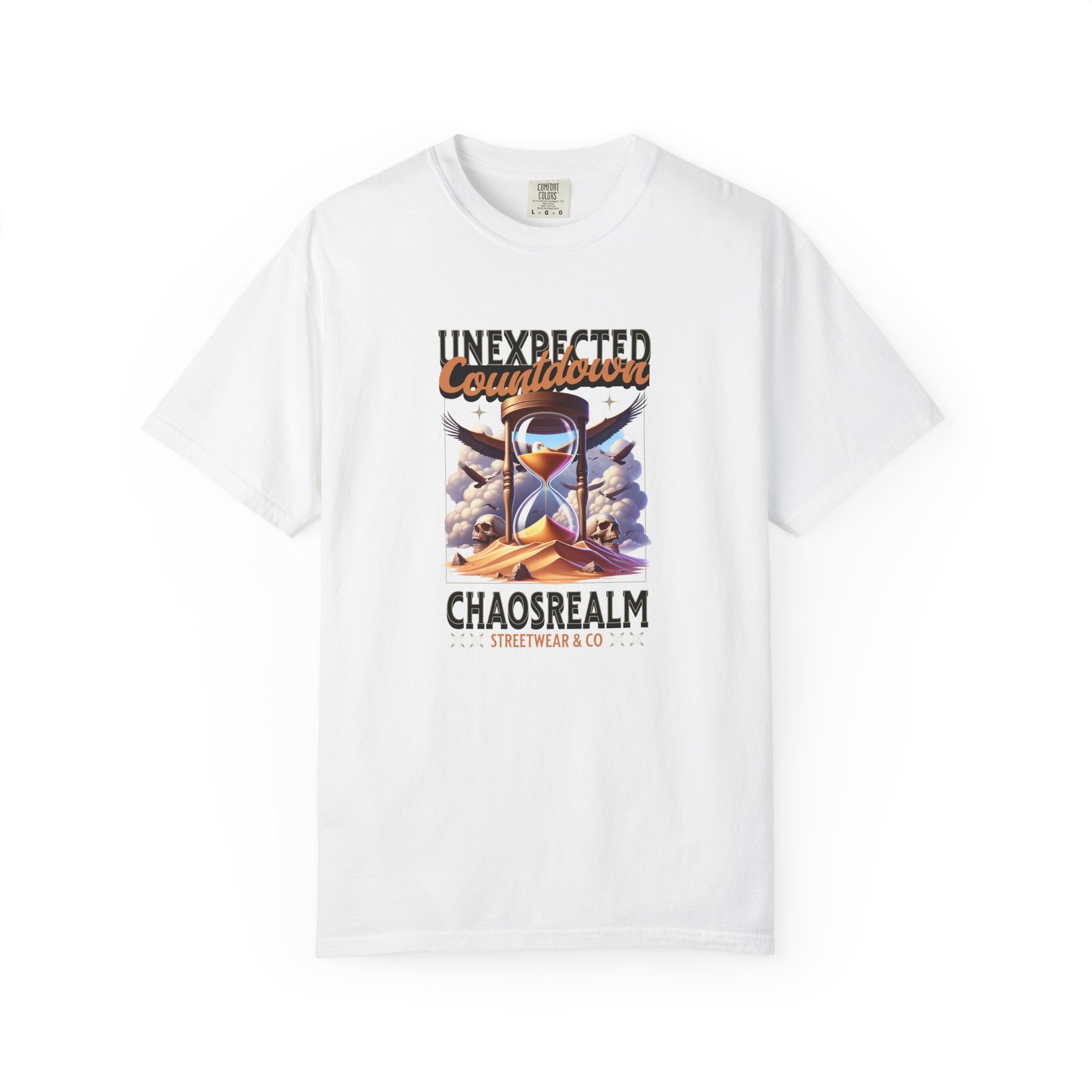 Unexpected Countdown Chaosrealm T-Shirt — Hourglass Sunset Graphic Tee - Image 2