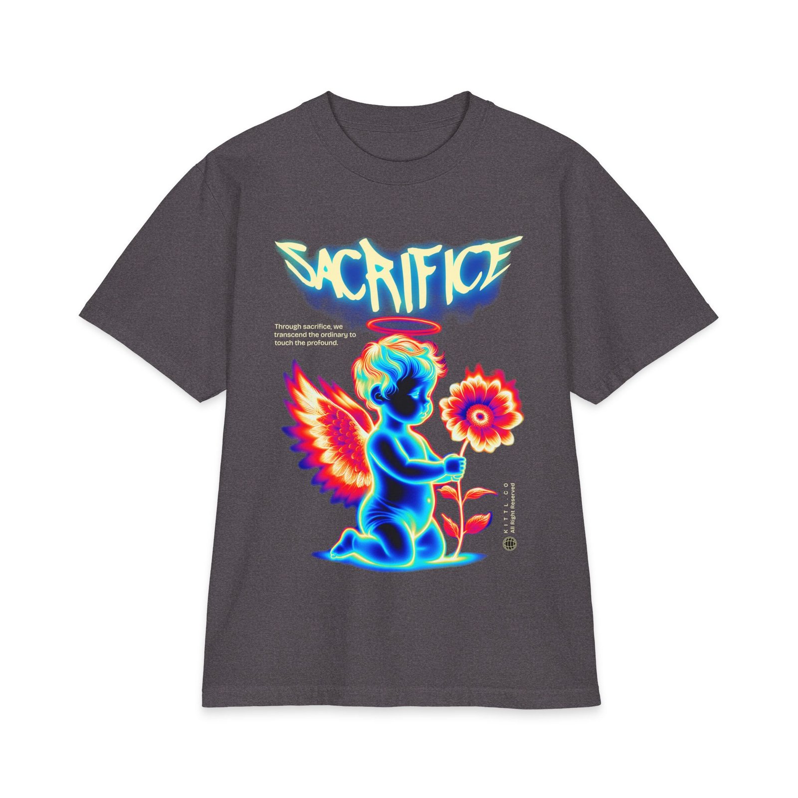 Sacrifice Neon Angel Graphic T-Shirt — Vintage Glow Cherub Flower Tee - Image 8