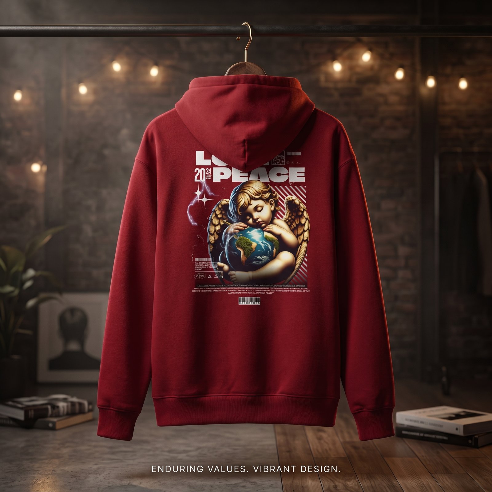 Love & Peace Angel Graphic Hoodie — Vintage Cherub Earth Print - Image 2