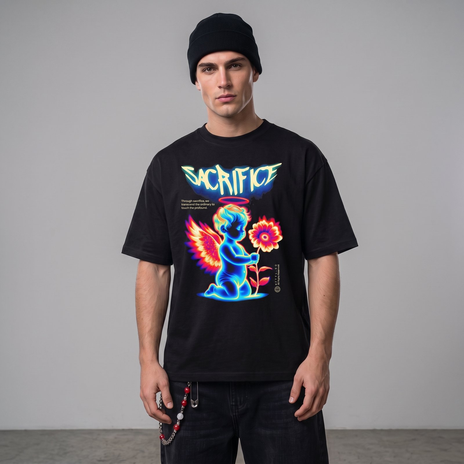 Sacrifice Neon Angel Graphic T-Shirt — Vintage Glow Cherub Flower Tee