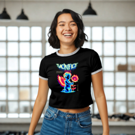 Sacrifice Neon Angel Graphic Ringer Tee — Women's Retro Goth Streetwear