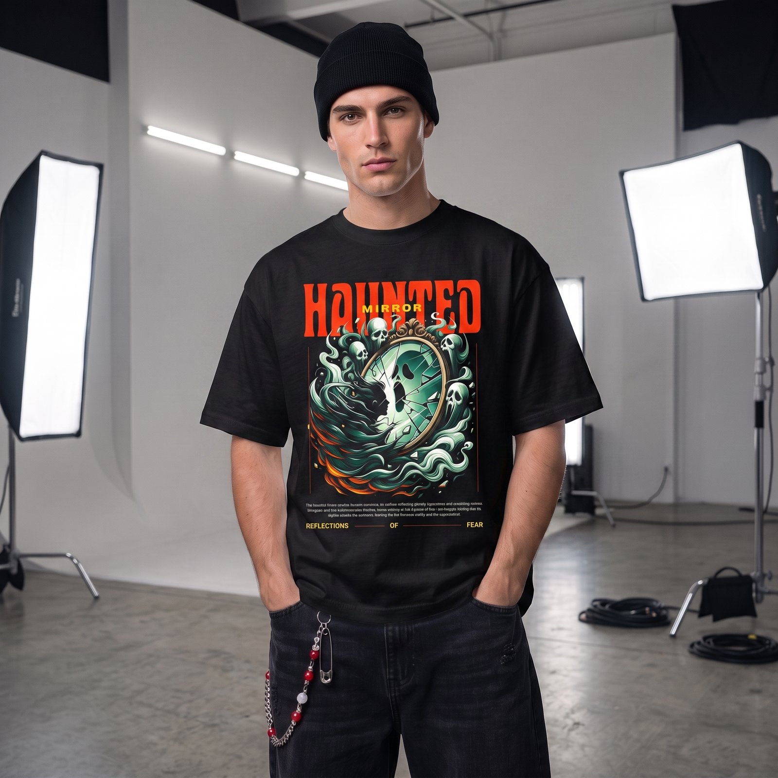 Haunted Mirror Graphic T-Shirt — Spooky Ghost Wave Halloween Tee