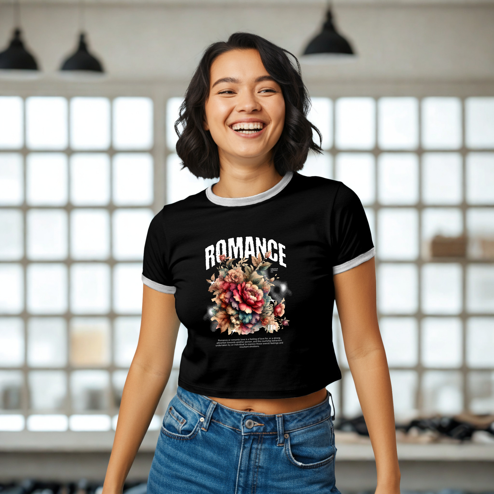 Romance Floral Ringer Tee — Vintage Rose Graphic Women's Shirt