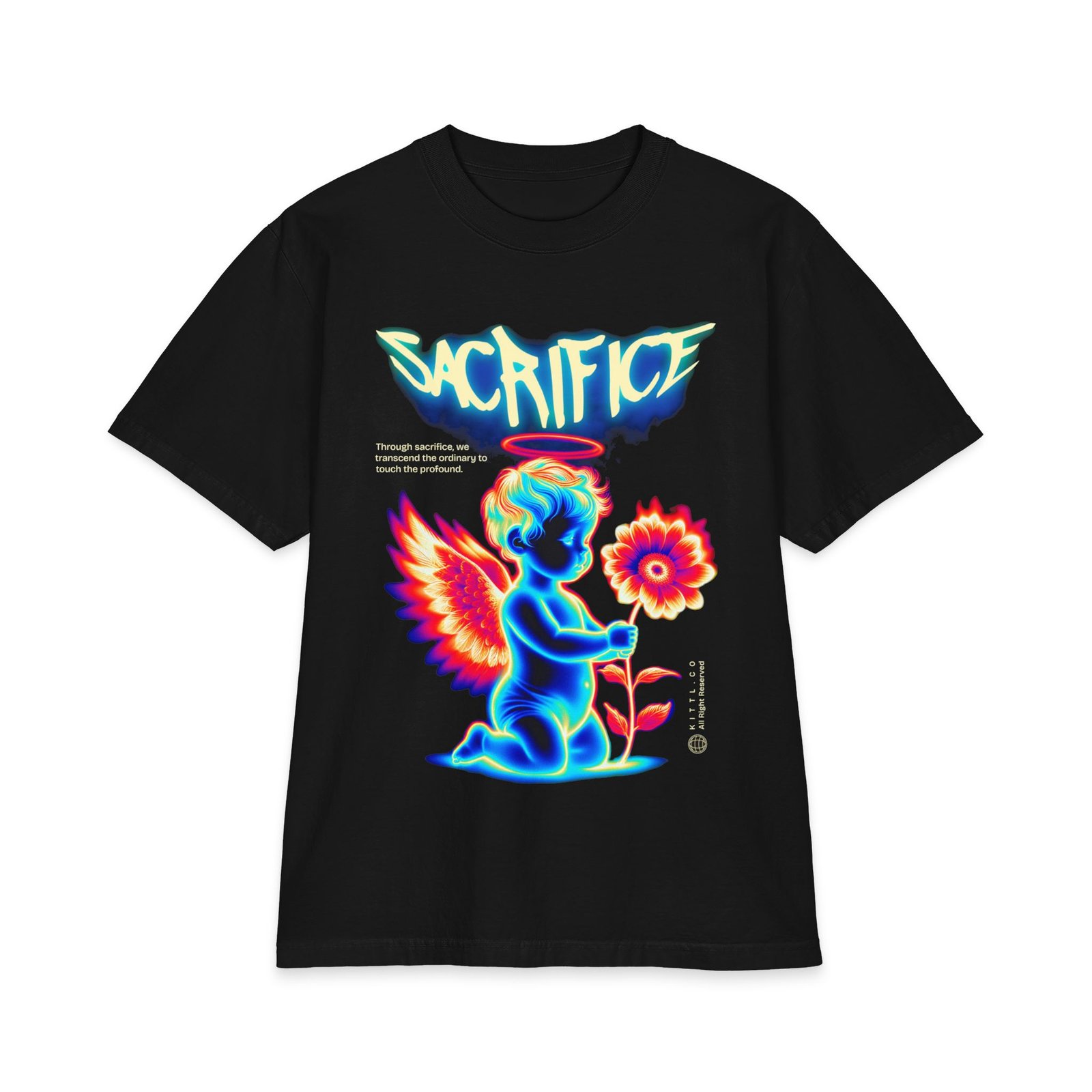 Sacrifice Neon Angel Graphic T-Shirt — Vintage Glow Cherub Flower Tee - Image 2