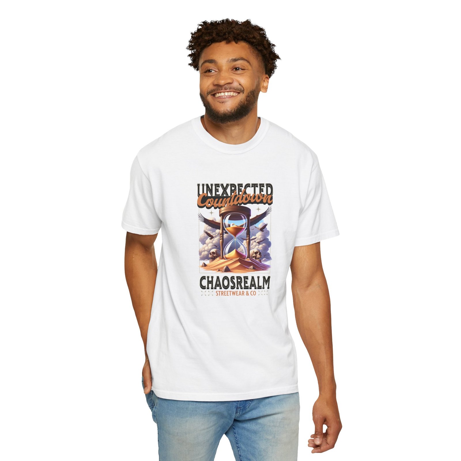 Unexpected Countdown Chaosrealm T-Shirt — Hourglass Sunset Graphic Tee - Image 5