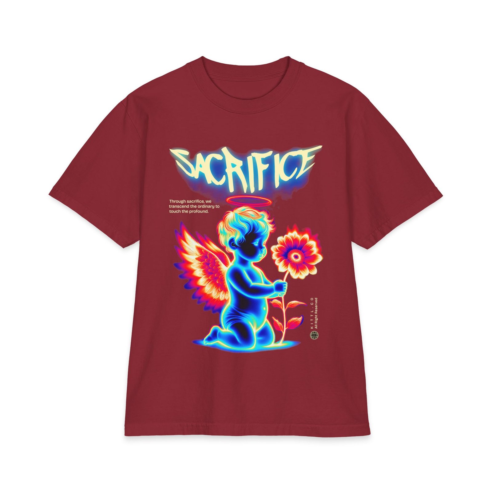 Sacrifice Neon Angel Graphic T-Shirt — Vintage Glow Cherub Flower Tee - Image 9